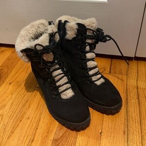 Madden Girl Cozy Black Lace-Up Boots with Fur Trim